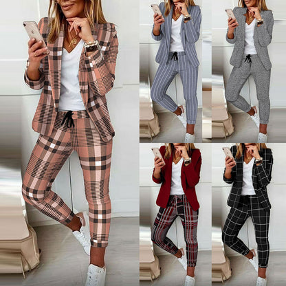 Multicolor Print Casual Suit Commuter Blazer Pants Set