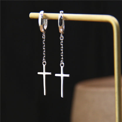 Women's Sterling Silver Simple Cross Earrings