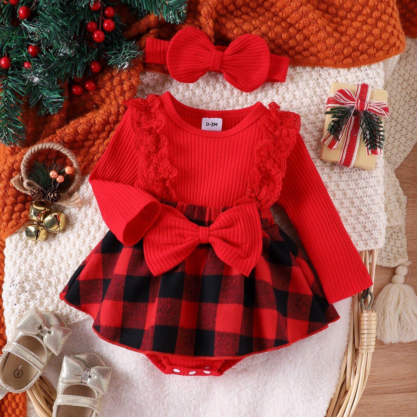 Children's Girl Baby Christmas Pit Stripe Spliced Lace Plaid Triangle Wrap Fart Set
