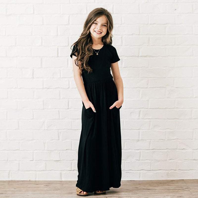 Children's Clothing Short Sleeve Solid Color Dress