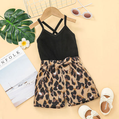 Girls' Sleeveless Leopard Print One-piece Shorts