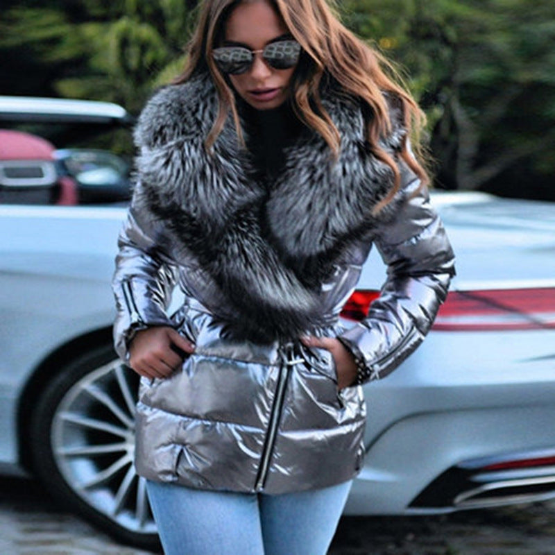 Fashion Winter Cotton Jacket With Big Fur Turndown Collar Silver Black Waterproof Lace Up Coat
