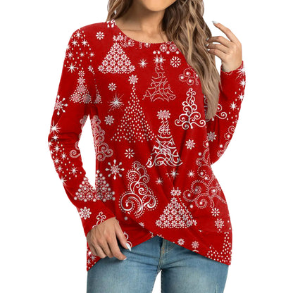 Women's Fashion Casual Christmas Element Printing Round Neck Long Sleeve Top