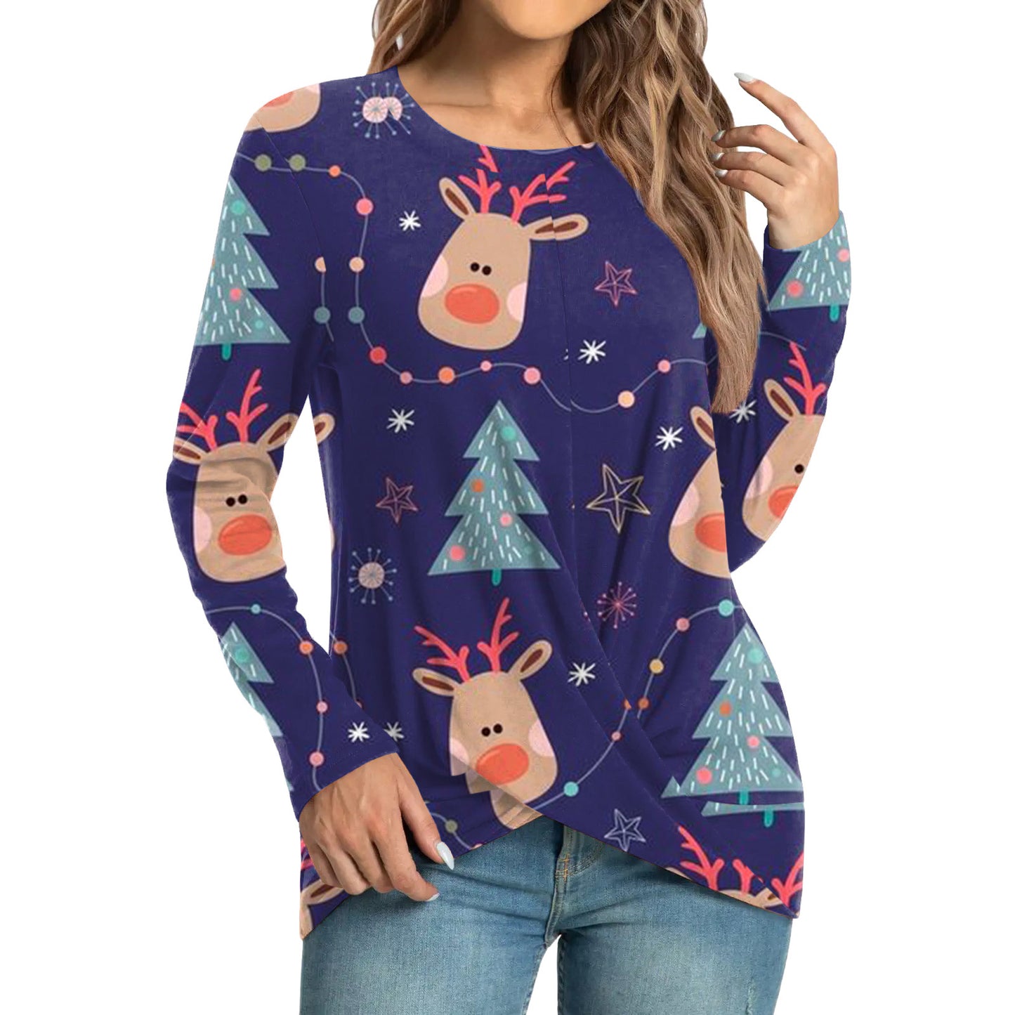 Women's Fashion Casual Christmas Element Printing Round Neck Long Sleeve Top