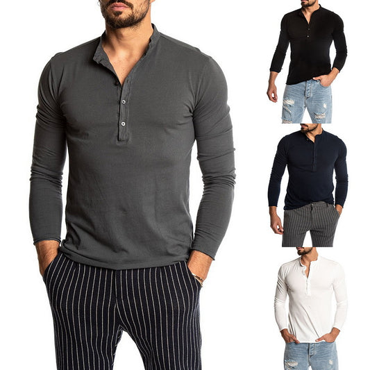 Men's Fashion Solid Color Long Sleeve Button Neck T-shirts