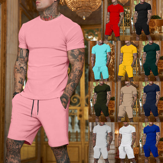 Mens Fashion Solid Color Short Sleeve Short Set