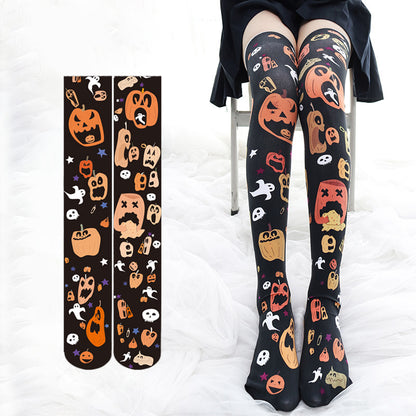 Halloween Pumpkin Print Over The Knee Socks