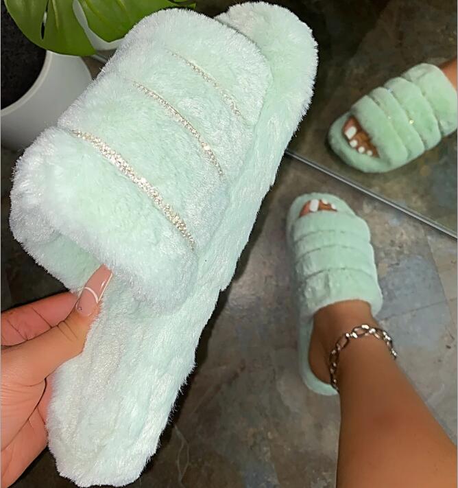 Rhinestone colored plush slippers