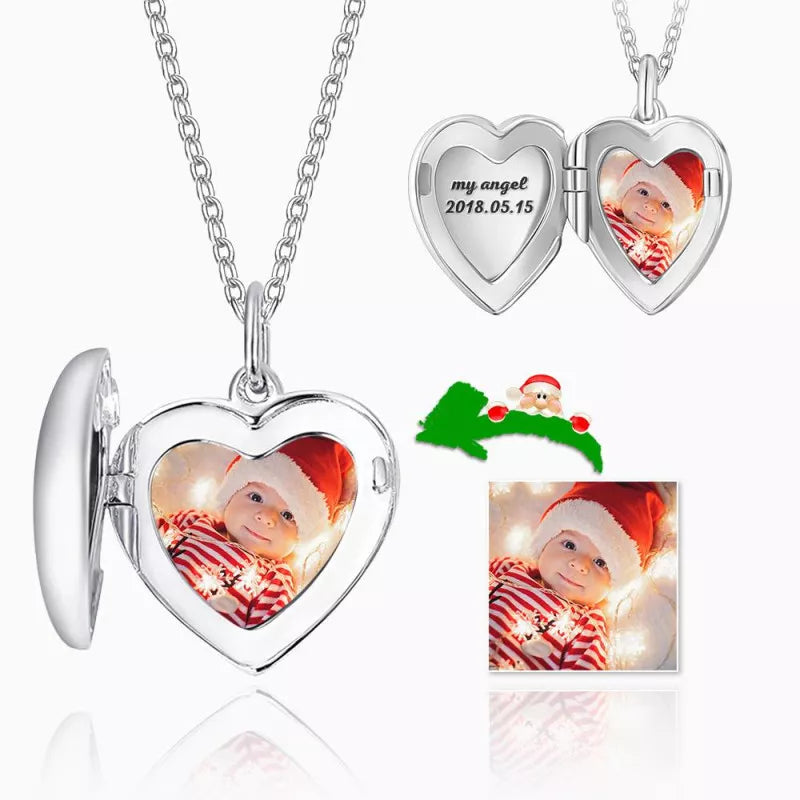 Engraved Heart Photo Locket Necklace Plated Silver