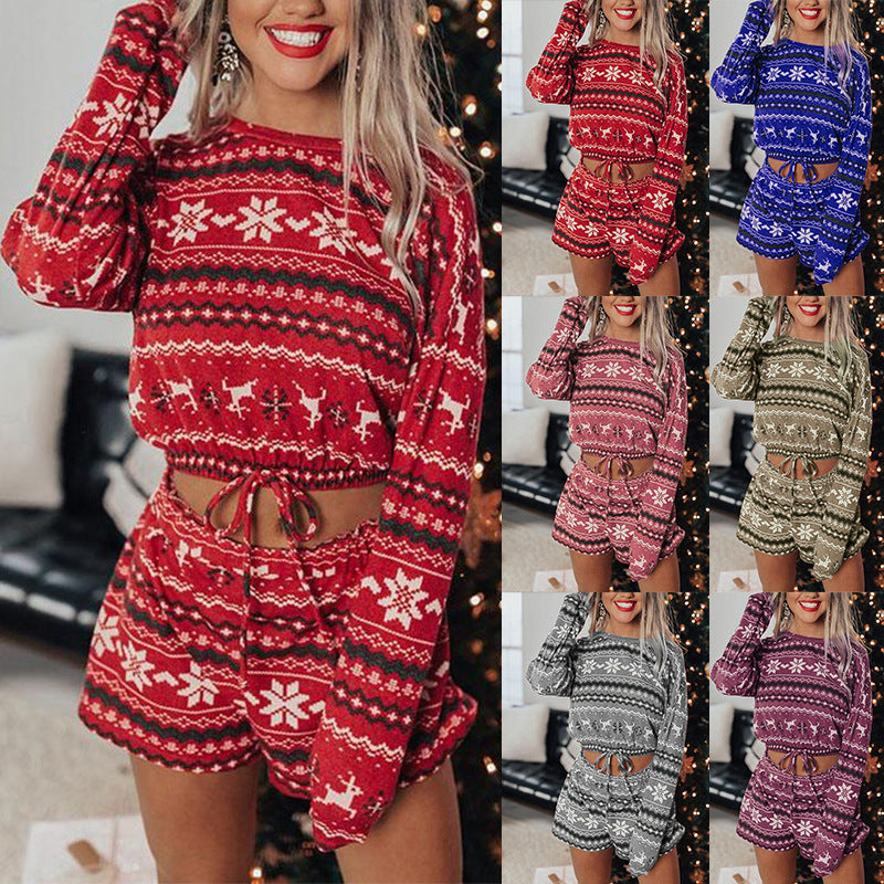 Printed Long-Sleeved Casual Christmas Home Set Pajamas