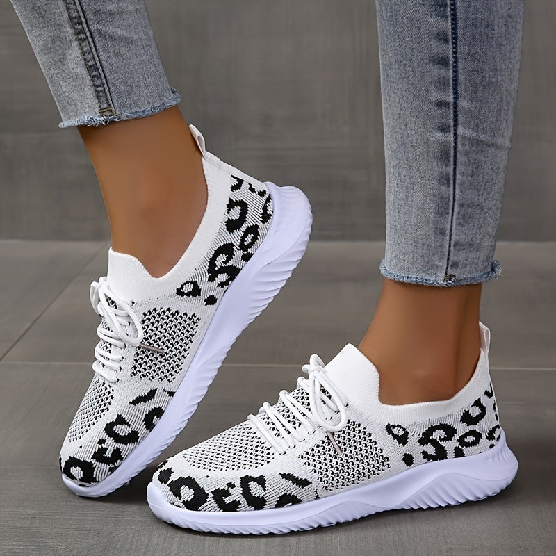 White Shoes Women Leopard Print Lace-up Sneakers Sports
