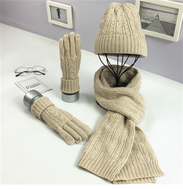 Fashion Solid Color Twist Warm Hat Scarf Glove Set