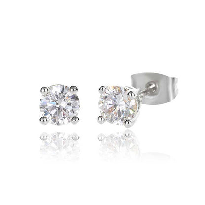 Hip Hop Zircon Round Four-Claw Stud Earrings S925 Silver Needle