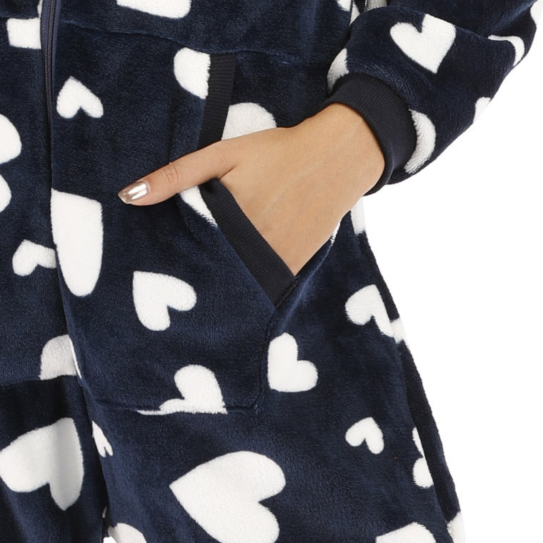 Ladies Onesie Heart-shaped Printed Flannel Pajamas