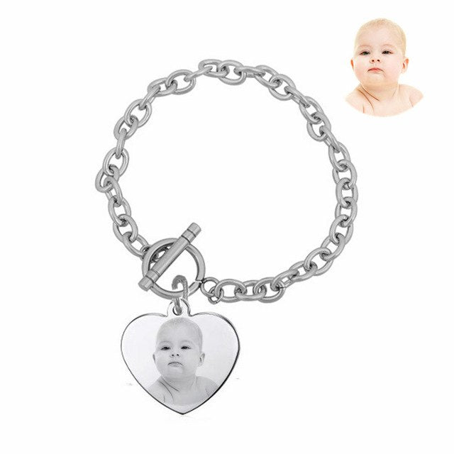 Photo Name Engraved Heart Charm Bracelet Gift For Female Mama Grandma,Stainless Steel Customized Picture Tag Heart Bracelet
