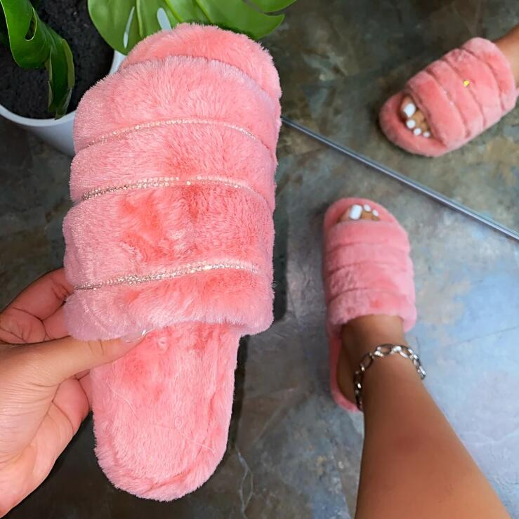 Rhinestone colored plush slippers