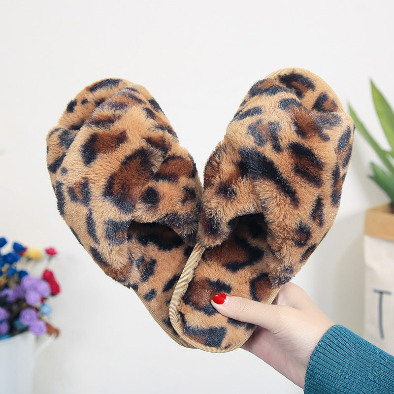 Cross-strap Fuzzy Slippers Leopard Plush House Shoes Flat Bedroom Slippers Slippers For Women