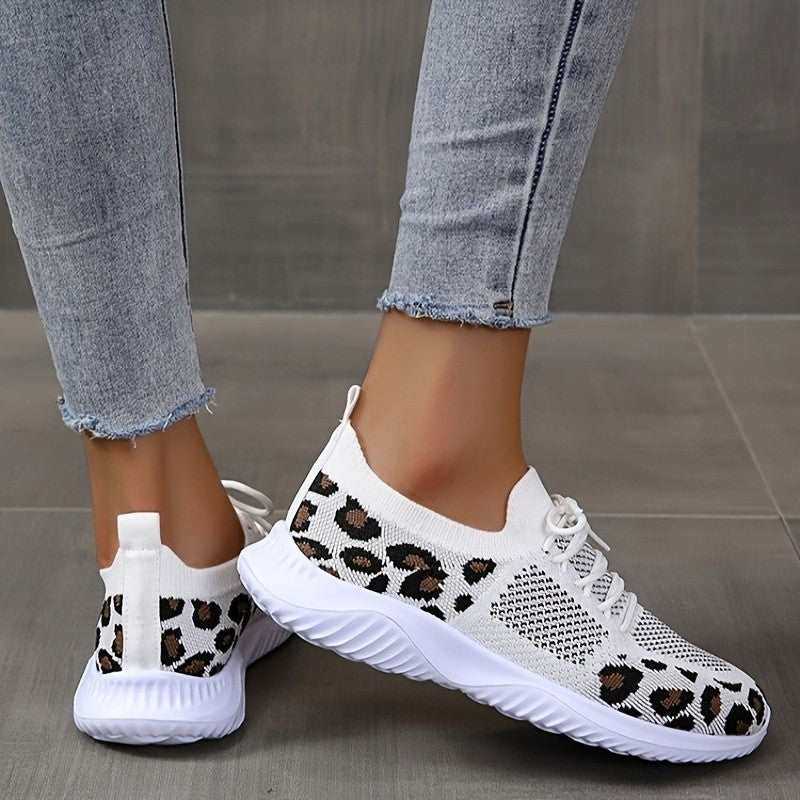 White Shoes Women Leopard Print Lace-up Sneakers Sports