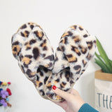 Cross-strap Fuzzy Slippers Leopard Plush House Shoes Flat Bedroom Slippers Slippers For Women