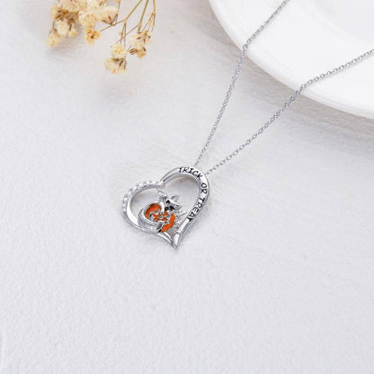 Halloween Jewelry Pumpkin Necklace 925 Sterling Silver Cat Heart Necklace for Girls Women Birthday Christmas Halloween Jewelry Gifts