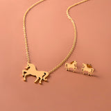 Stainless Steel Gold Silver Unicorn Horse Necklace Earrings Jewelry Set