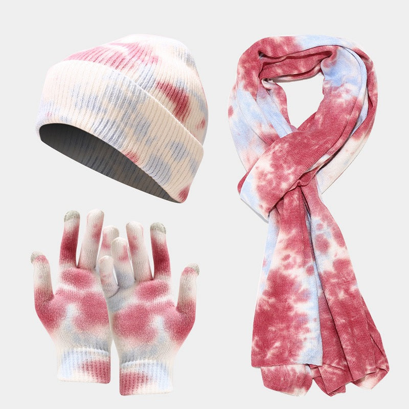 Tie-dye Knitted Hat Gloves Scarf Set Ladies